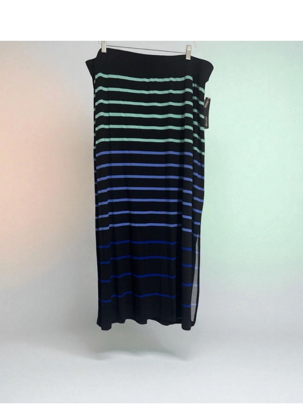 Apt. 9 Black Maxi Skirt with Blue & Mint Stripes & slit Size 1X